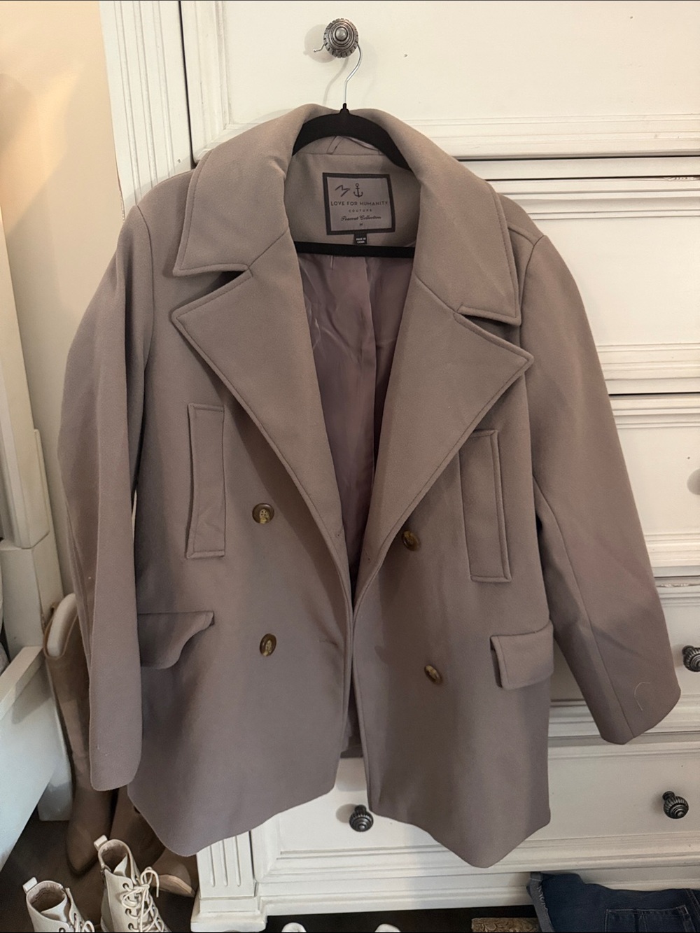 Taupe Double-Breasted Wool Blend Peacoat